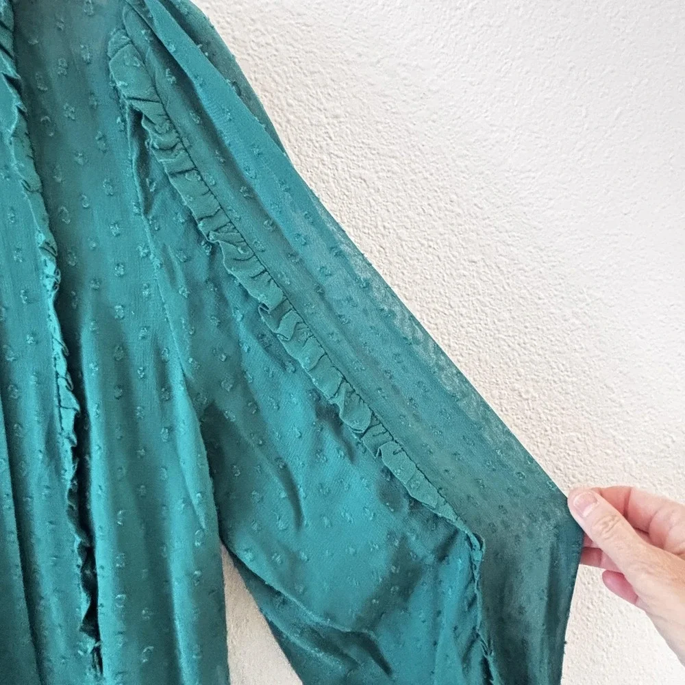 Farm Rio Swiss Dot Mock Neck Blouse Top Womens XS Green Sheer Ruffle Puff Sleeve